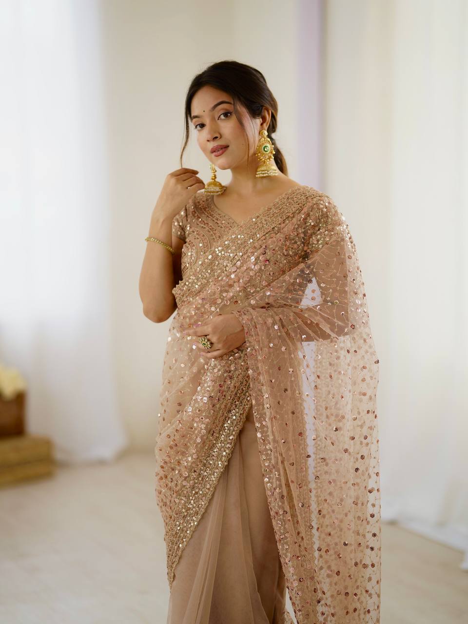 Beige Color Sequence Net Party Wear Saree