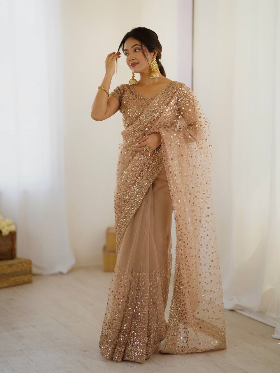 Beige Color Sequence Net Party Wear Saree