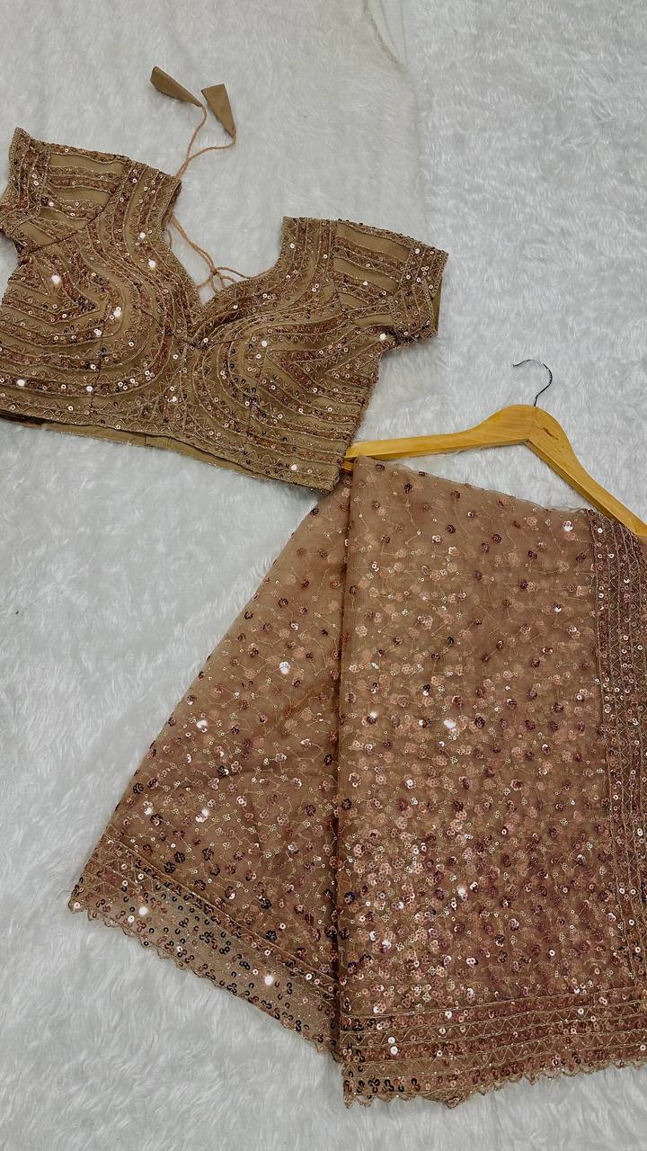 Beige Color Sequence Net Party Wear Saree