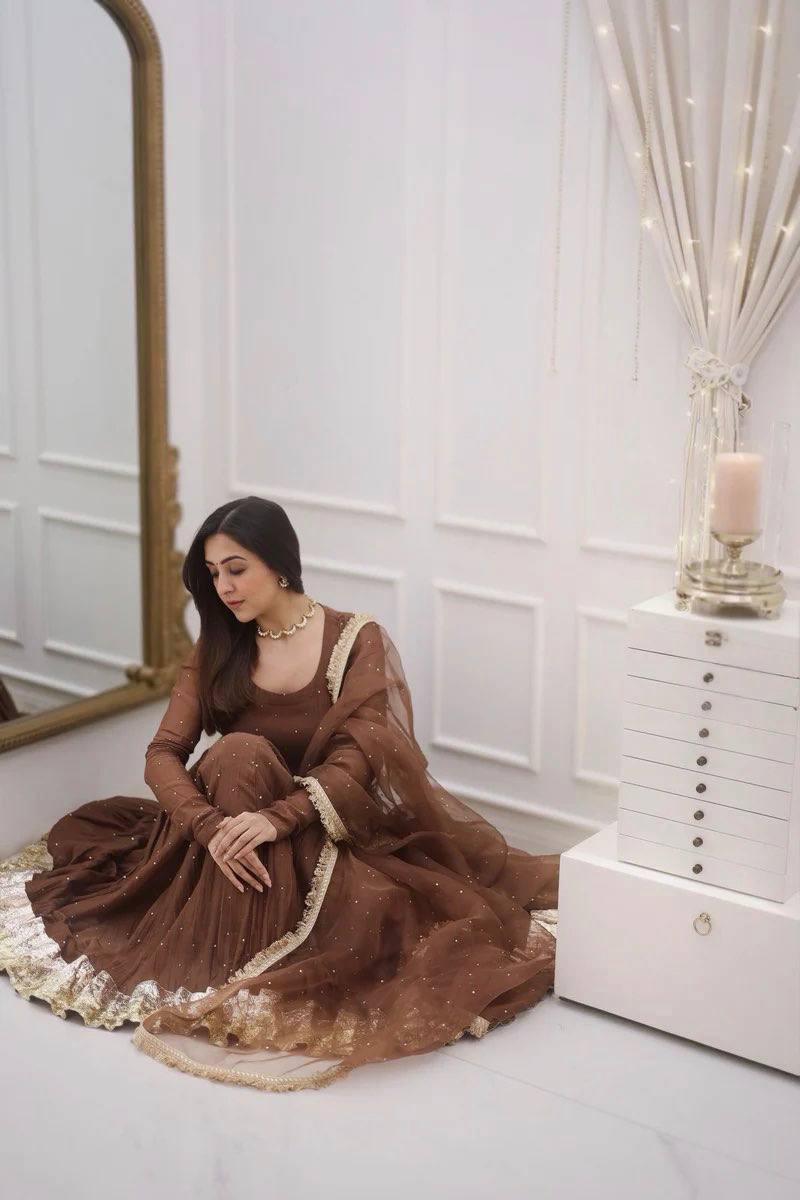 Georgette Brown Color Festive Wear Gown