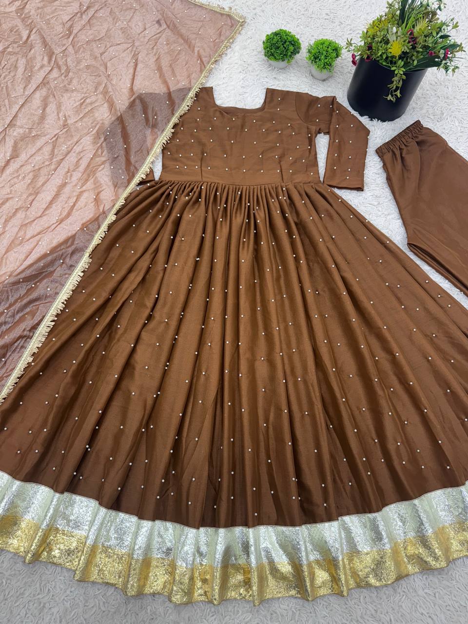 Georgette Brown Color Festive Wear Gown