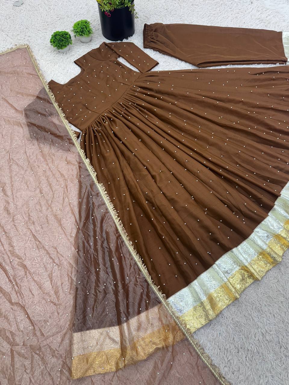 Georgette Brown Color Festive Wear Gown