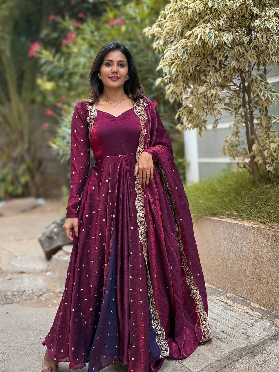 Wine Color Sequence Work Exclusive Gown