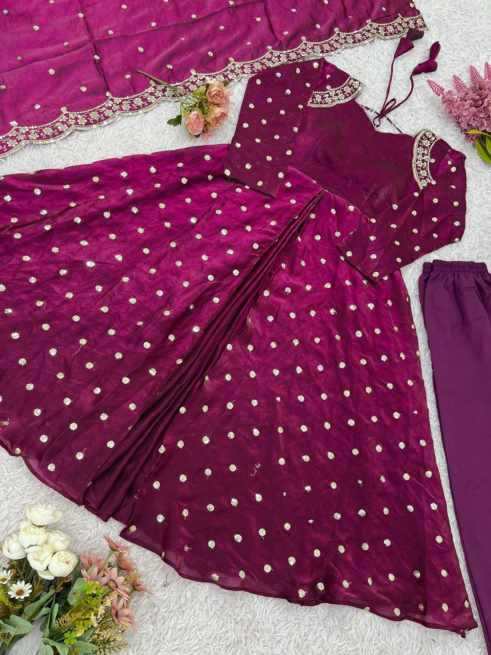 Wine Color Sequence Work Exclusive Gown