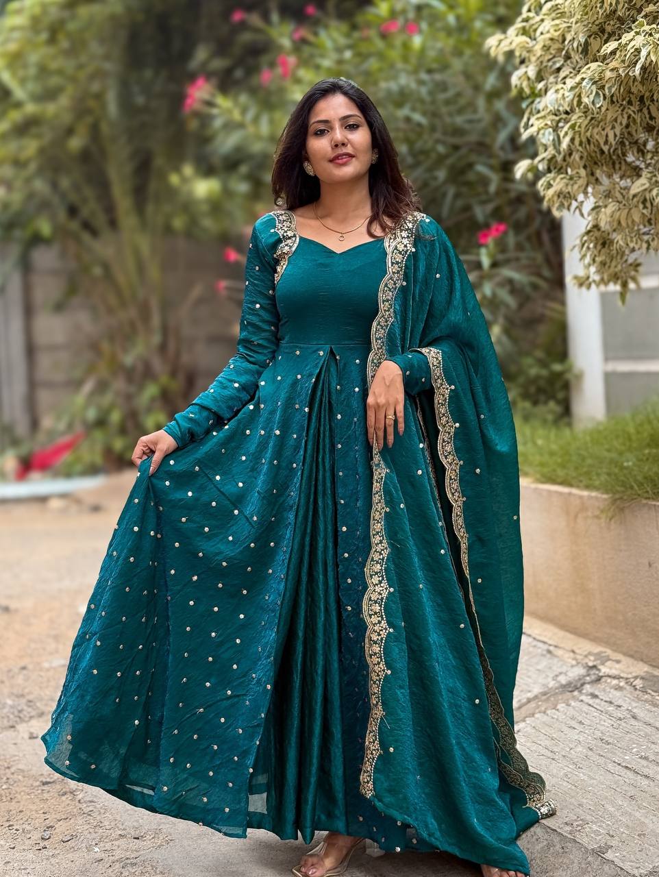 Teal Blue Color Sequence Work Exclusive Gown