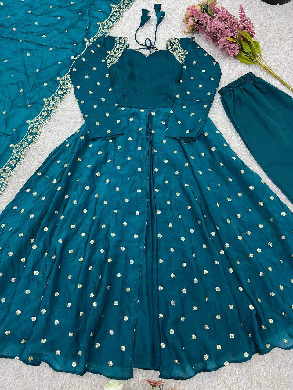 Teal Blue Color Sequence Work Exclusive Gown