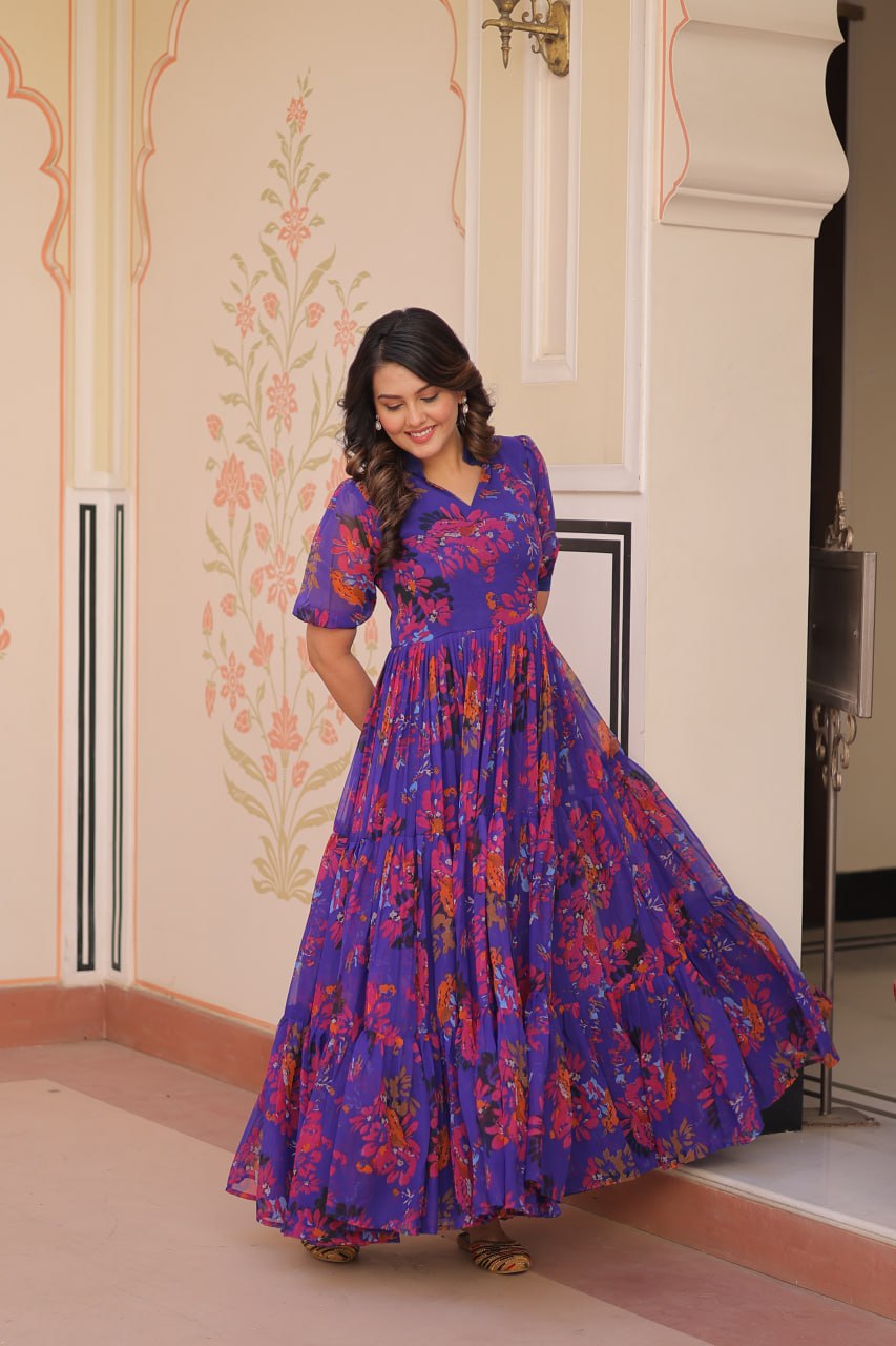 Flower Printed Purple Color Admiring Gown