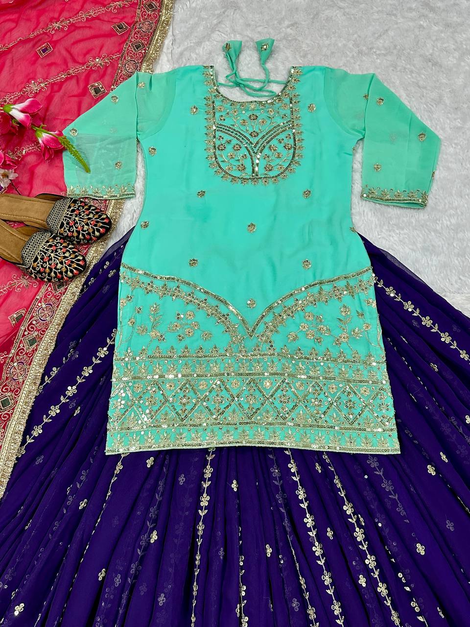 Stylish Rama Color Top With Navy Blue Lehenga