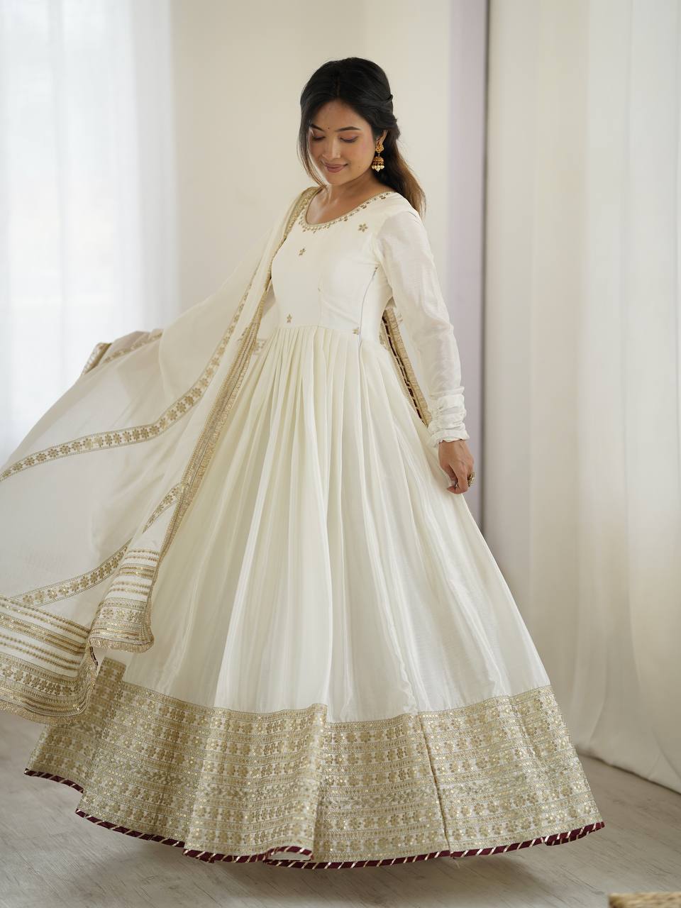 Chinon Silk Sequence Work White Color Anarkali Gown