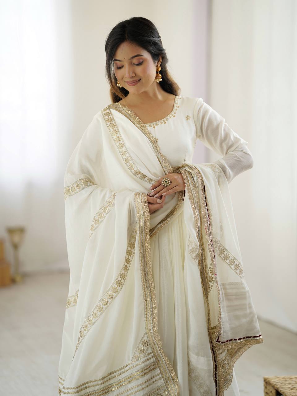 Chinon Silk Sequence Work White Color Anarkali Gown