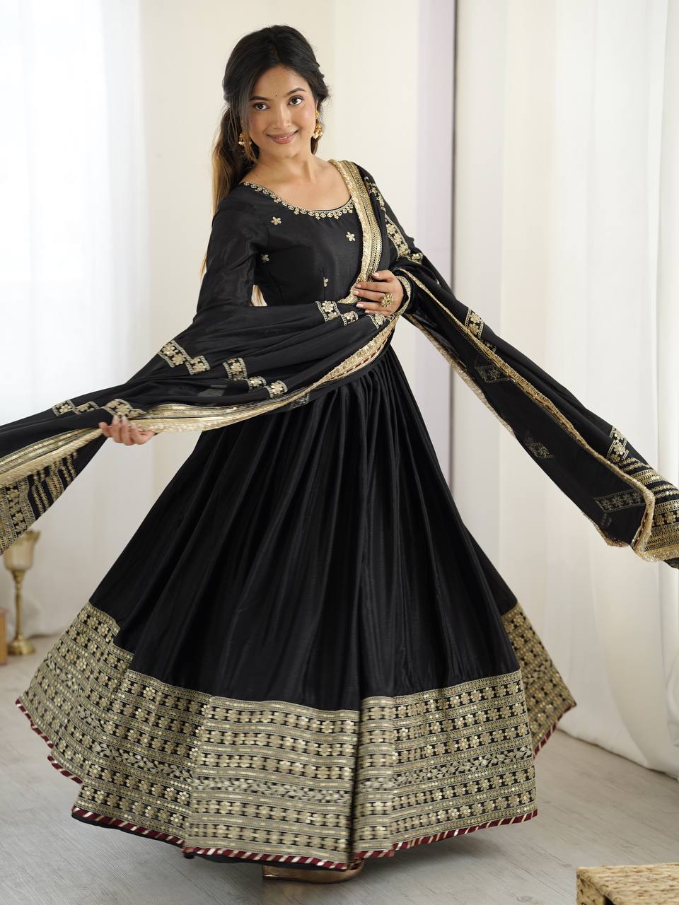 Chinon Silk Sequence Work Black Color Anarkali Gown