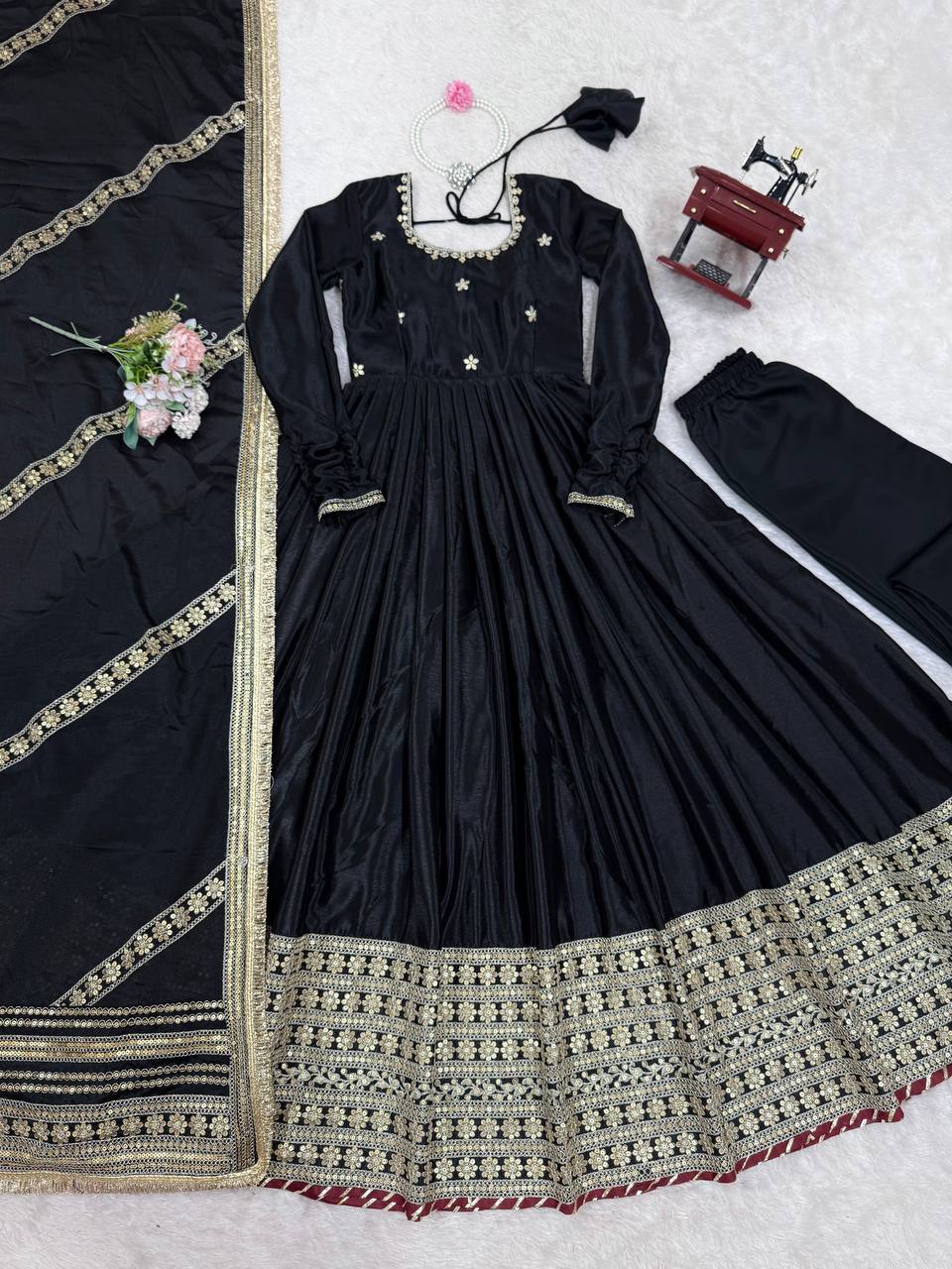 Chinon Silk Sequence Work Black Color Anarkali Gown