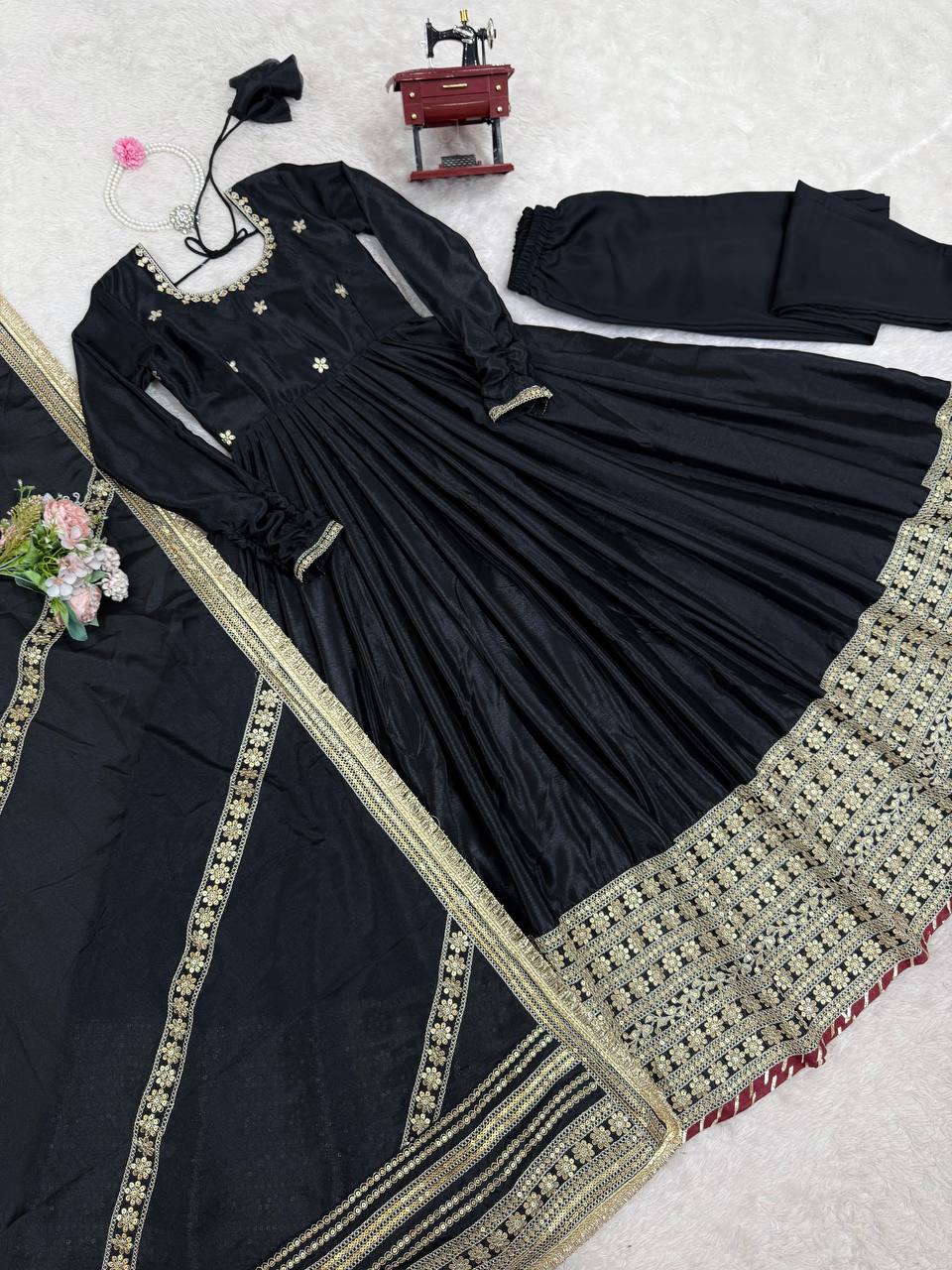 Chinon Silk Sequence Work Black Color Anarkali Gown