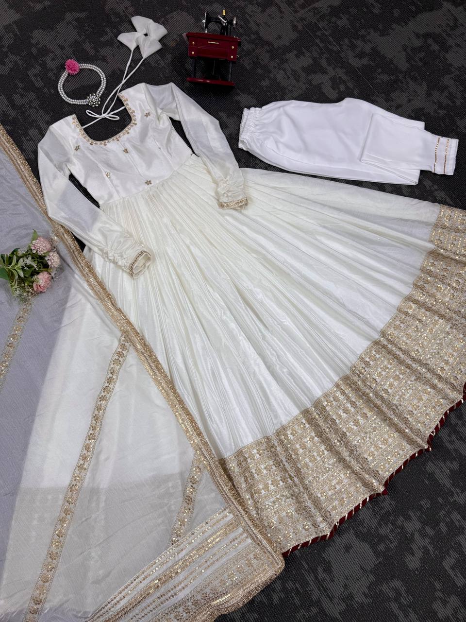 Chinon Silk Sequence Work White Color Anarkali Gown