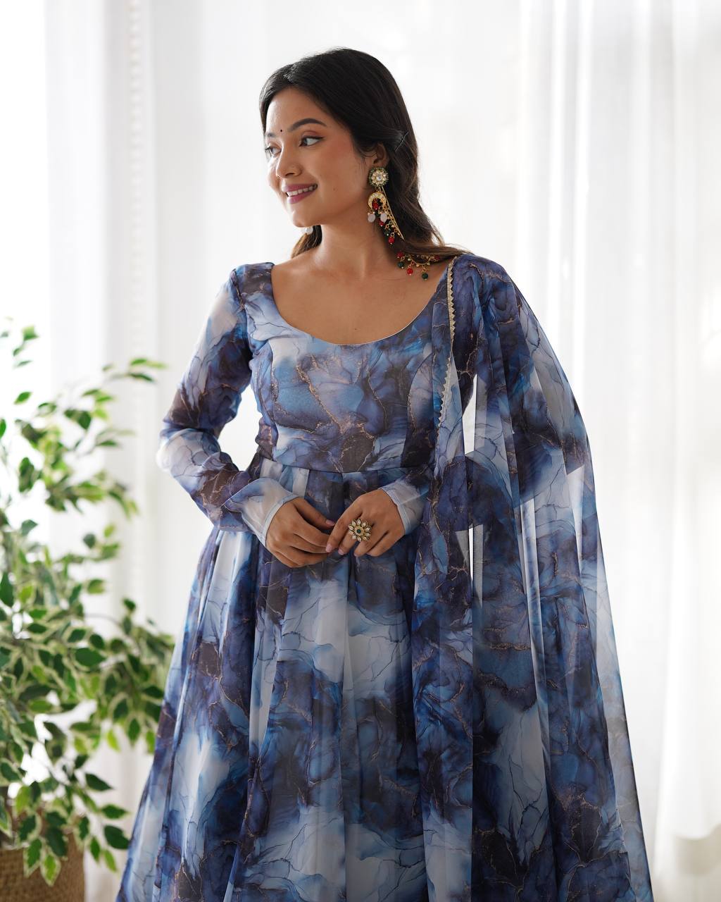 Marble Print Organza Silk Navy Blue Anarkali Suit