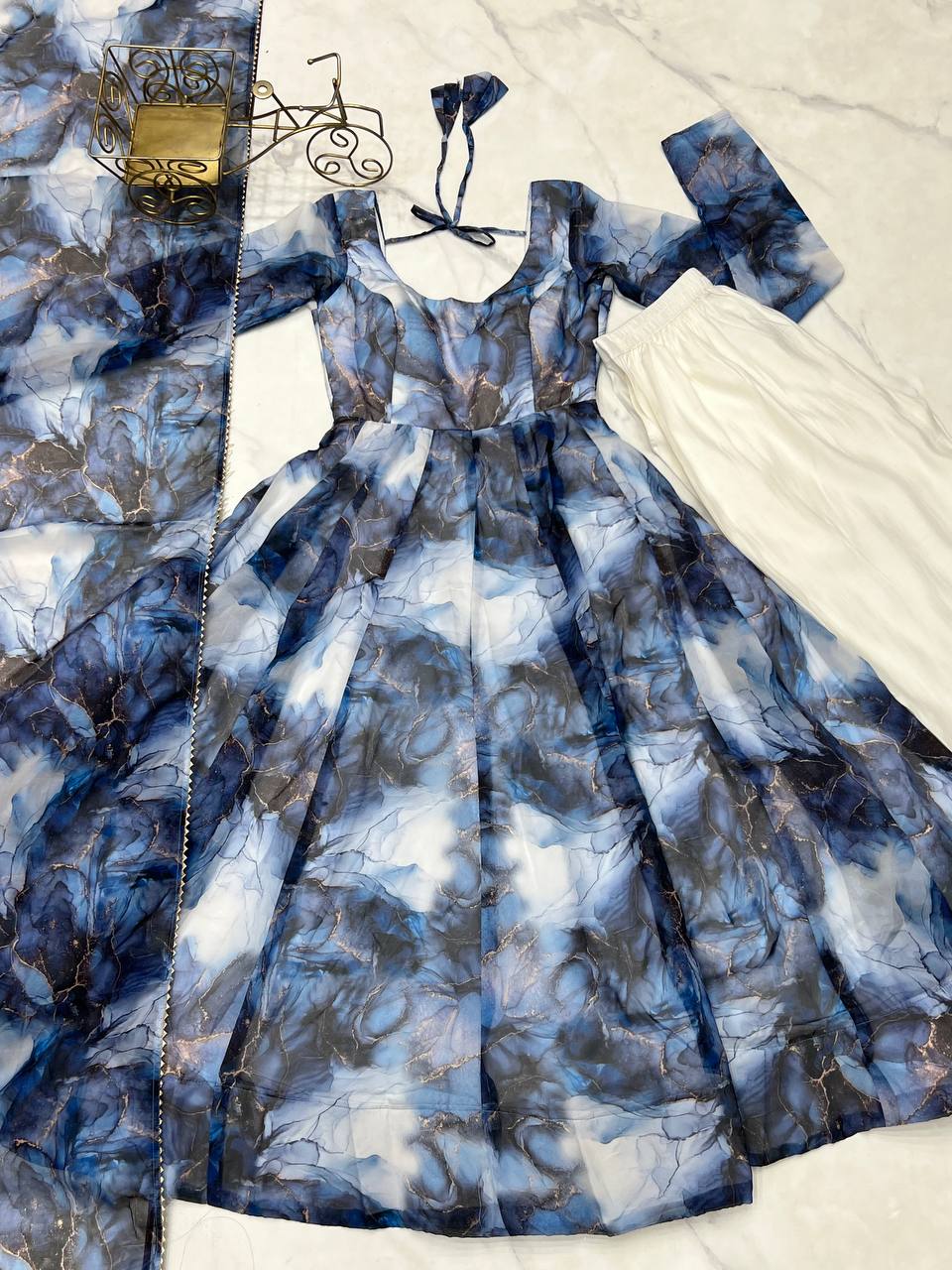 Marble Print Organza Silk Navy Blue Anarkali Suit