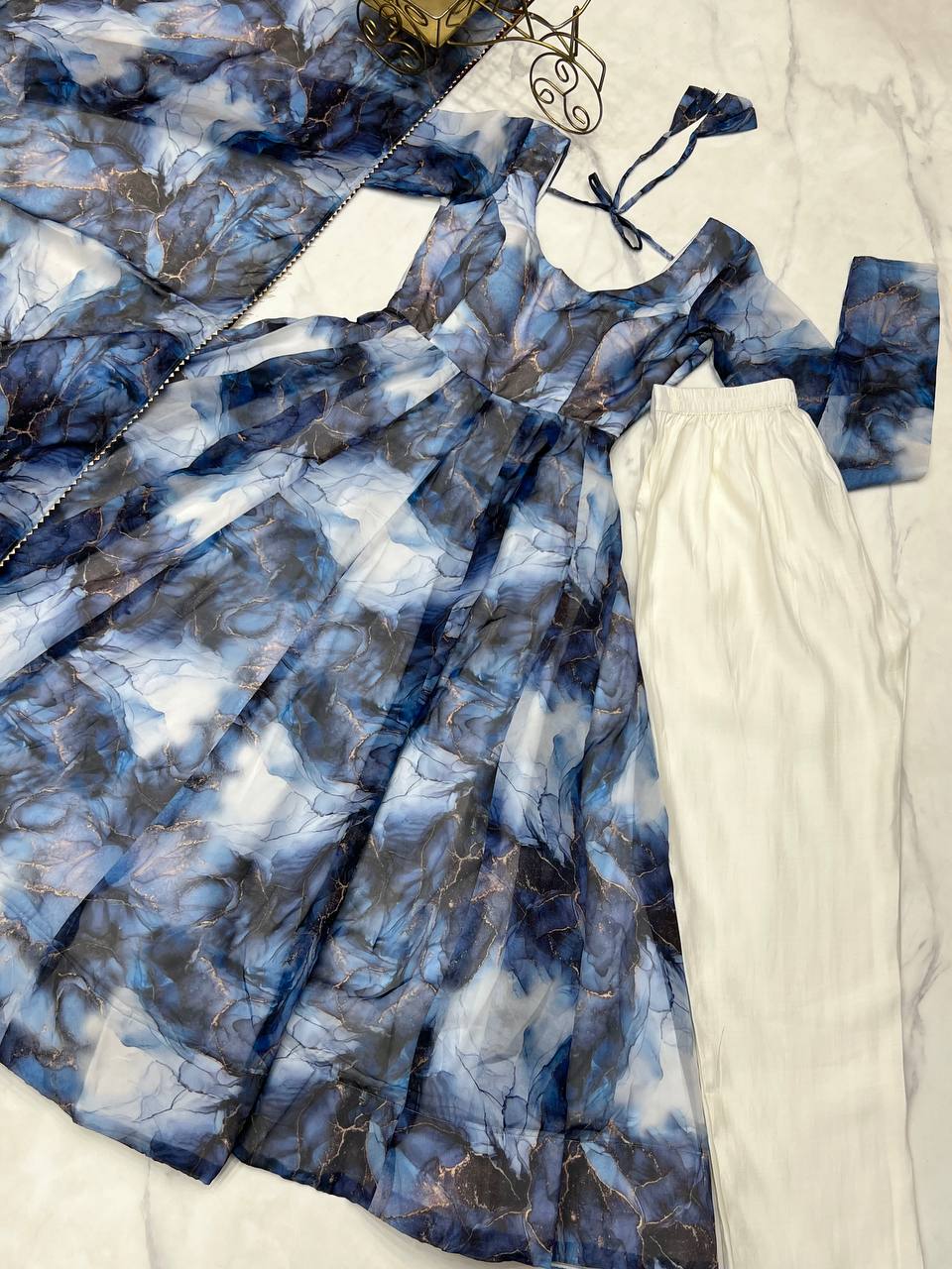 Marble Print Organza Silk Navy Blue Anarkali Suit