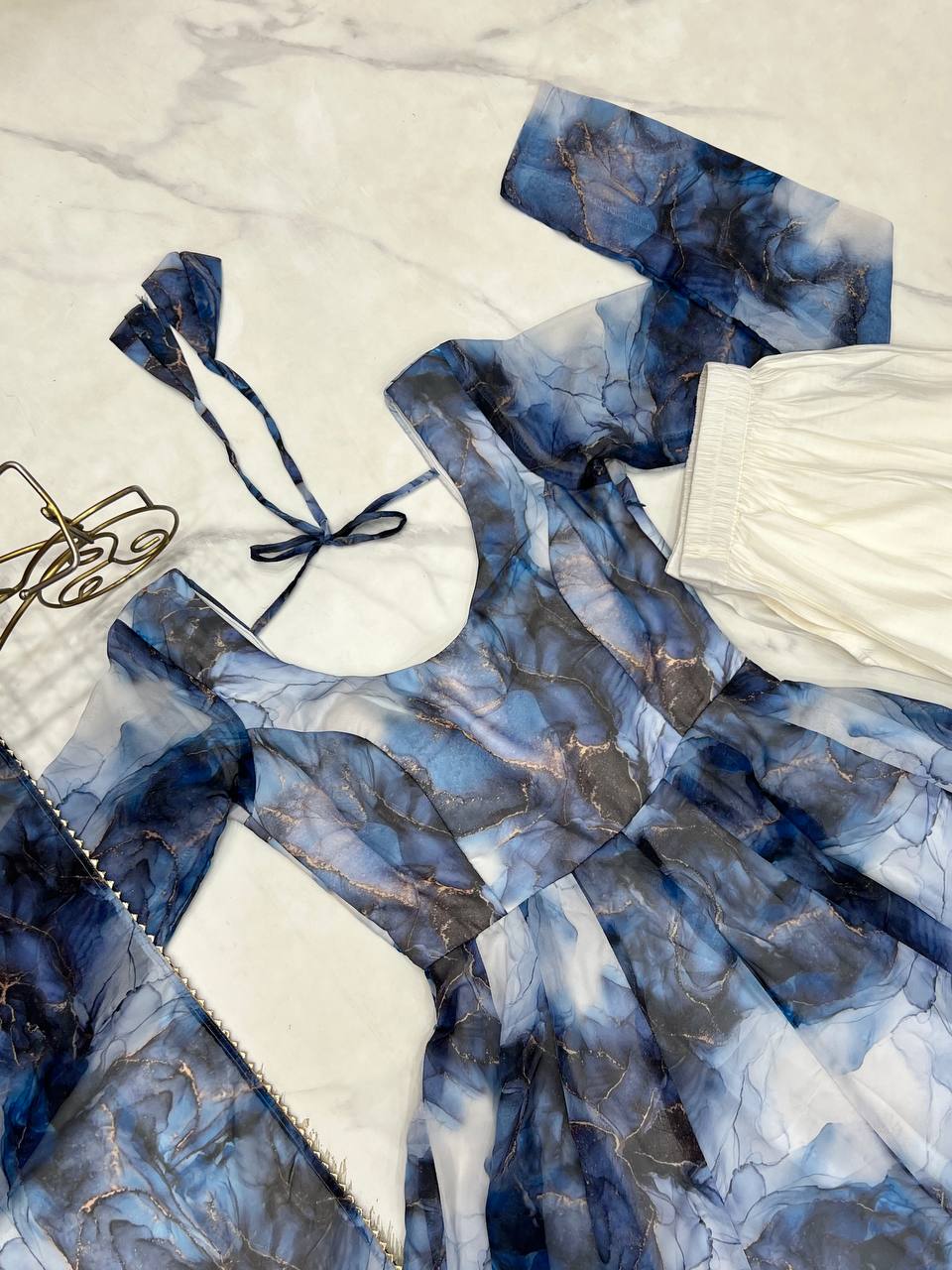 Marble Print Organza Silk Navy Blue Anarkali Suit
