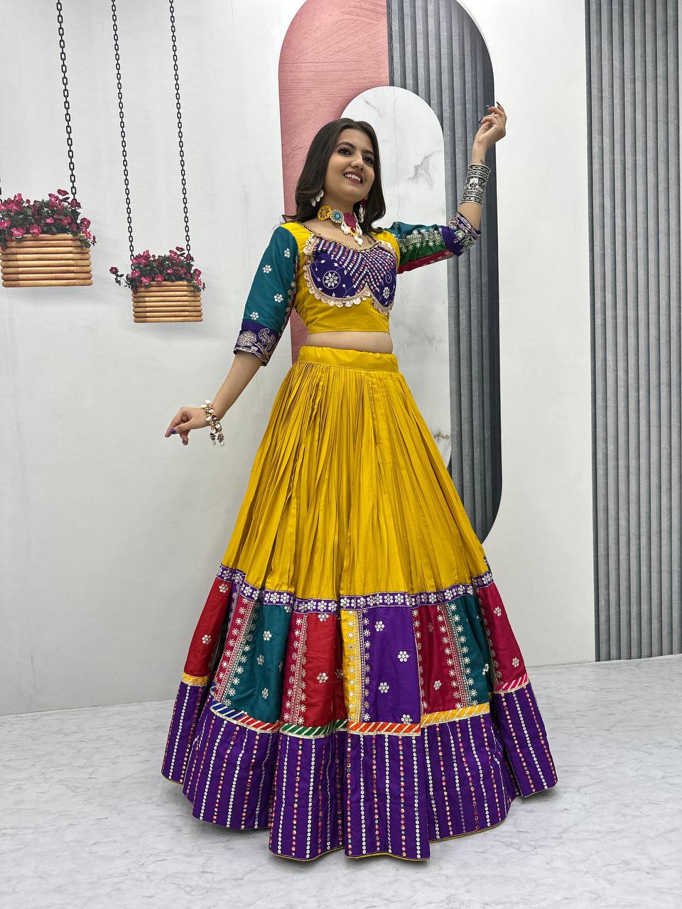 Mustard Color Thread & Sequence Work Navratri Lehenga Choli