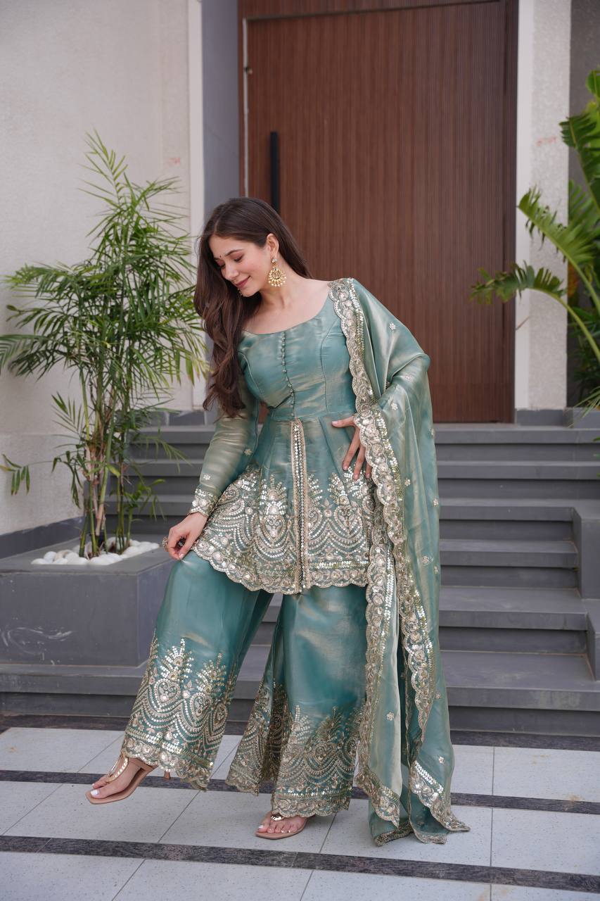 Teal Green Color Stylish Gown With Sharara