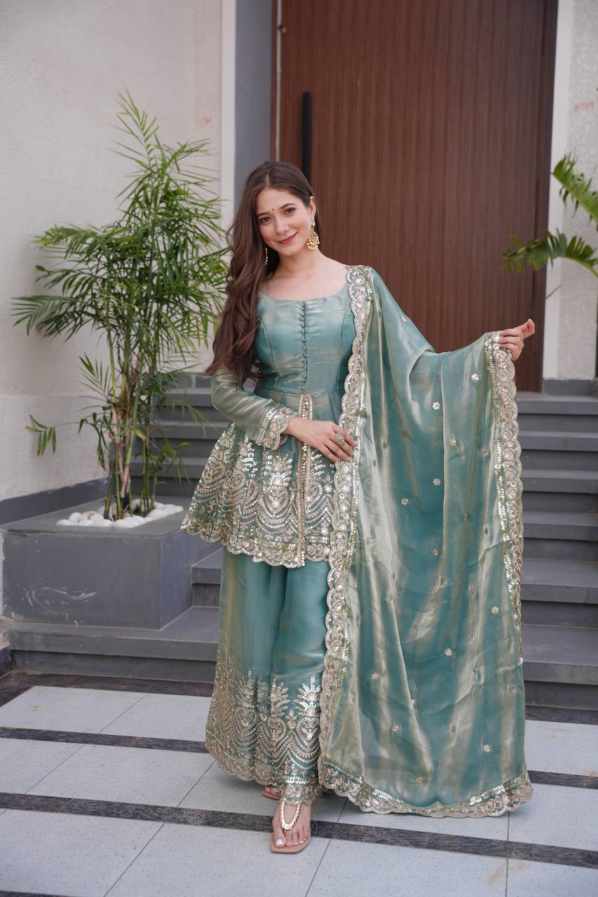 Teal Green Color Stylish Gown With Sharara