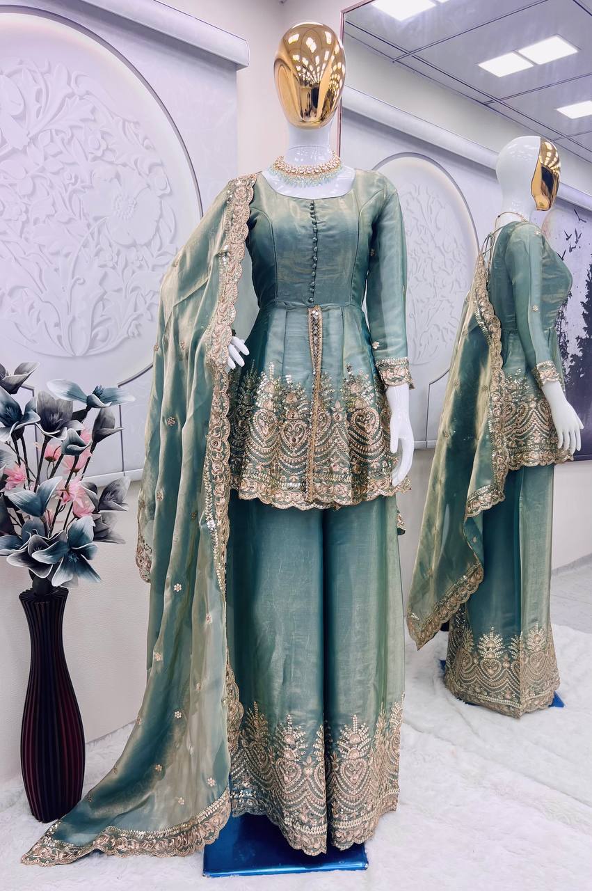 Teal Green Color Stylish Gown With Sharara