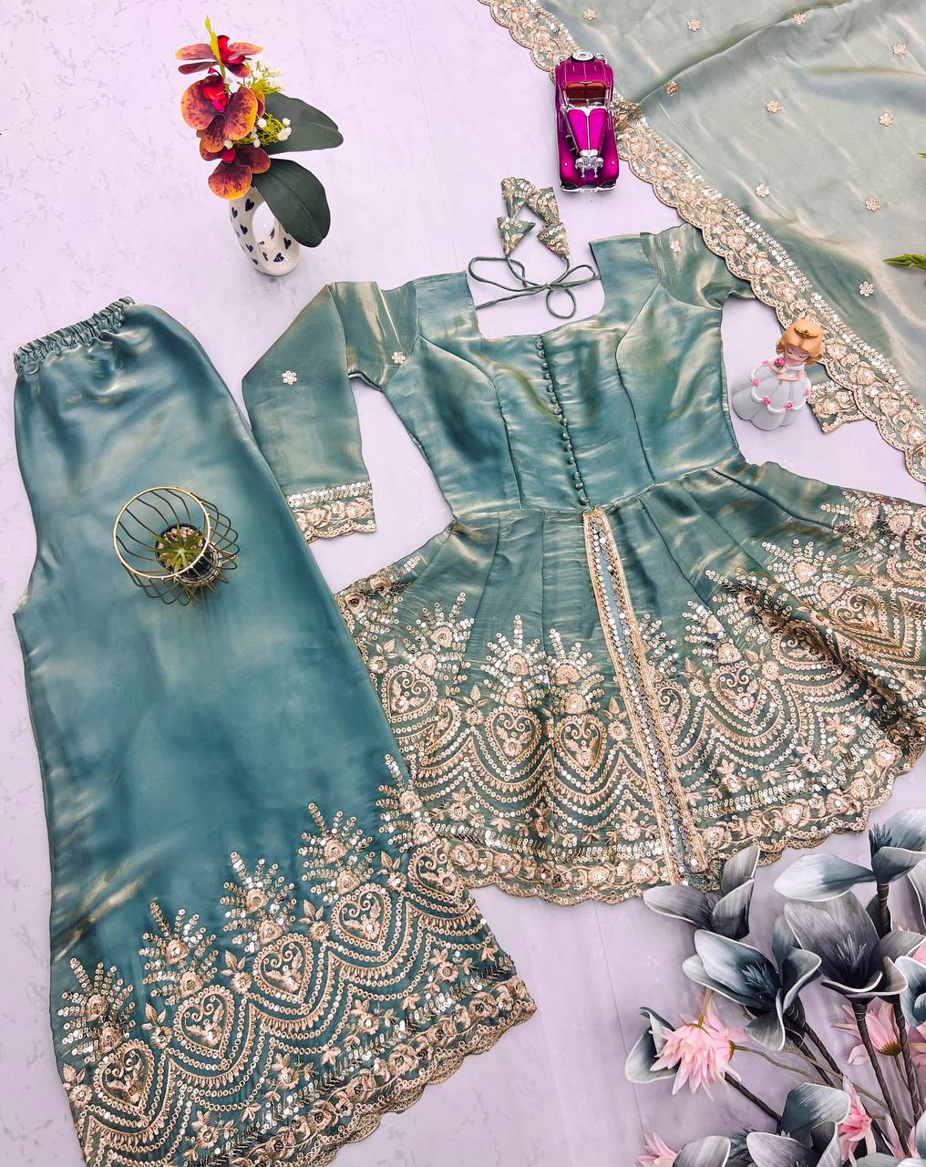 Teal Green Color Stylish Gown With Sharara