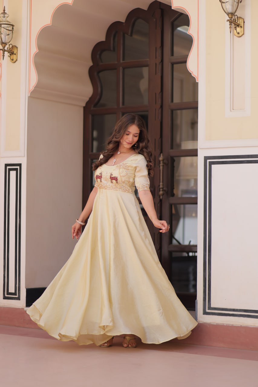 Fashionable Cream Color Embroidered Gown