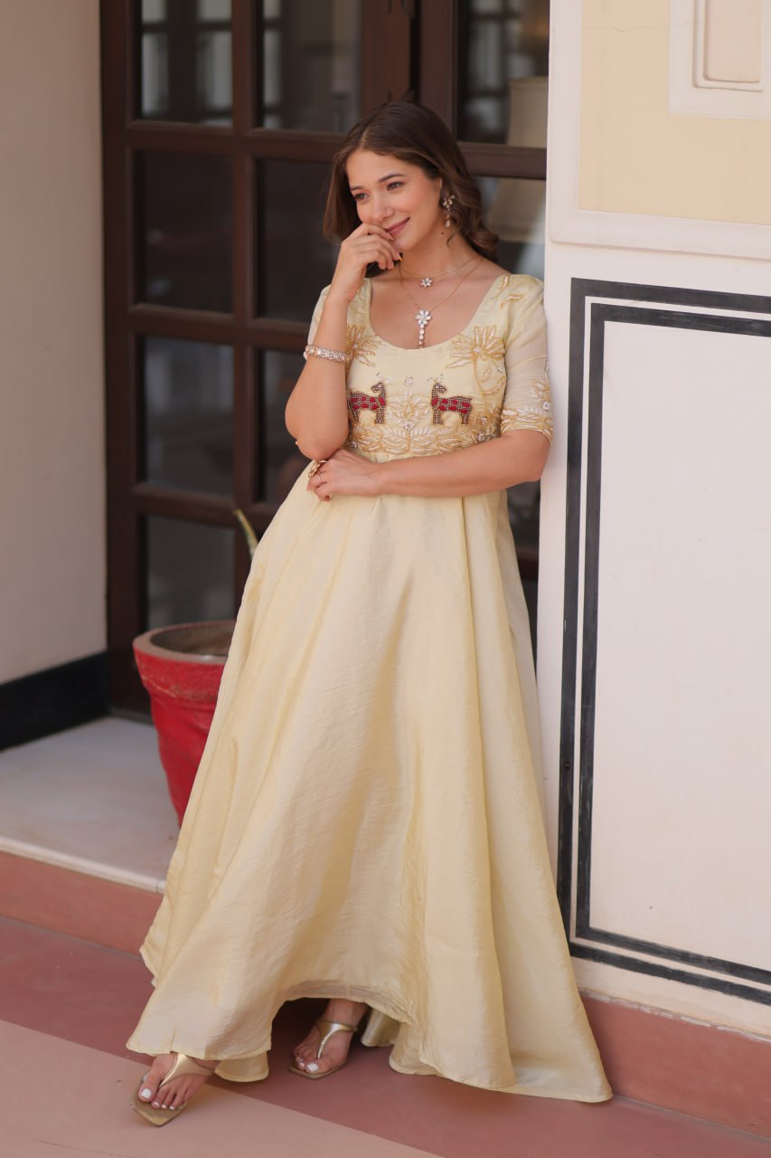 Fashionable Cream Color Embroidered Gown