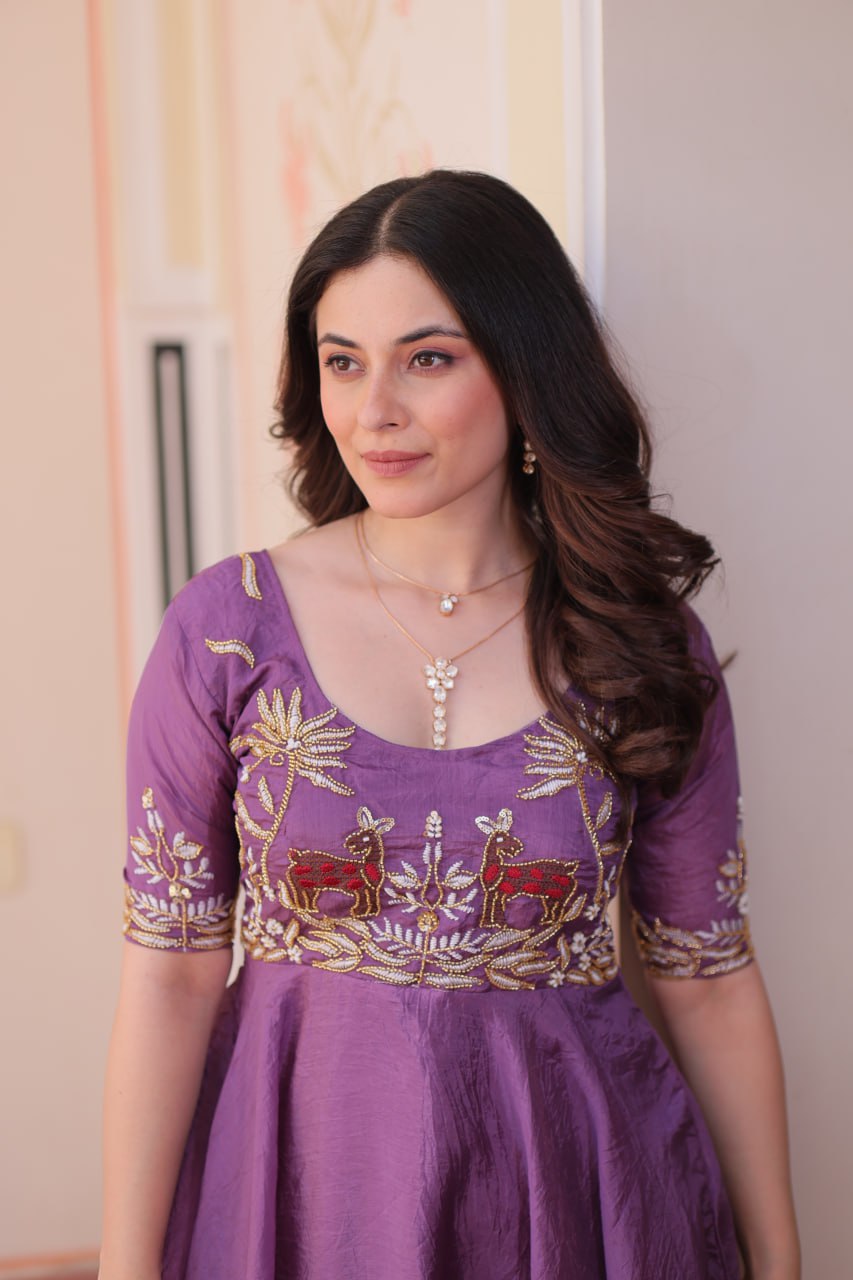 Fashionable Lavender Color Embroidered Gown