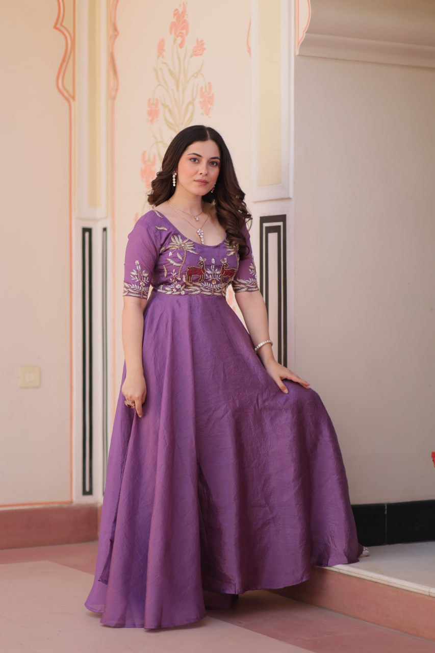 Fashionable Lavender Color Embroidered Gown