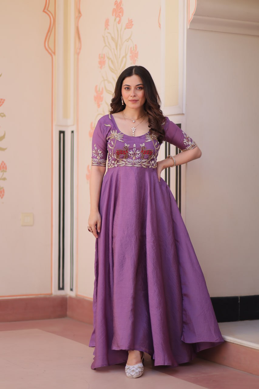 Fashionable Lavender Color Embroidered Gown