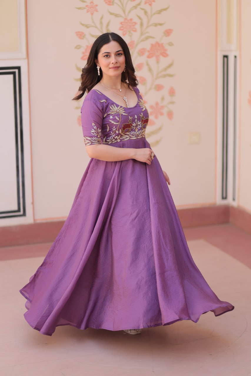 Fashionable Lavender Color Embroidered Gown