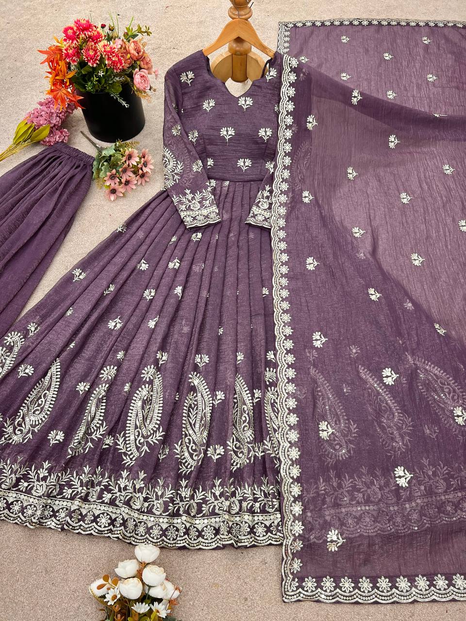 Purple Color Embroidery Work Classic Anarkali Gown