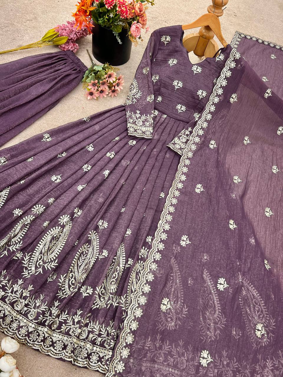 Purple Color Embroidery Work Classic Anarkali Gown