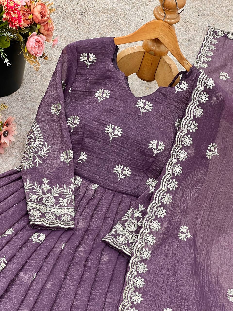 Purple Color Embroidery Work Classic Anarkali Gown