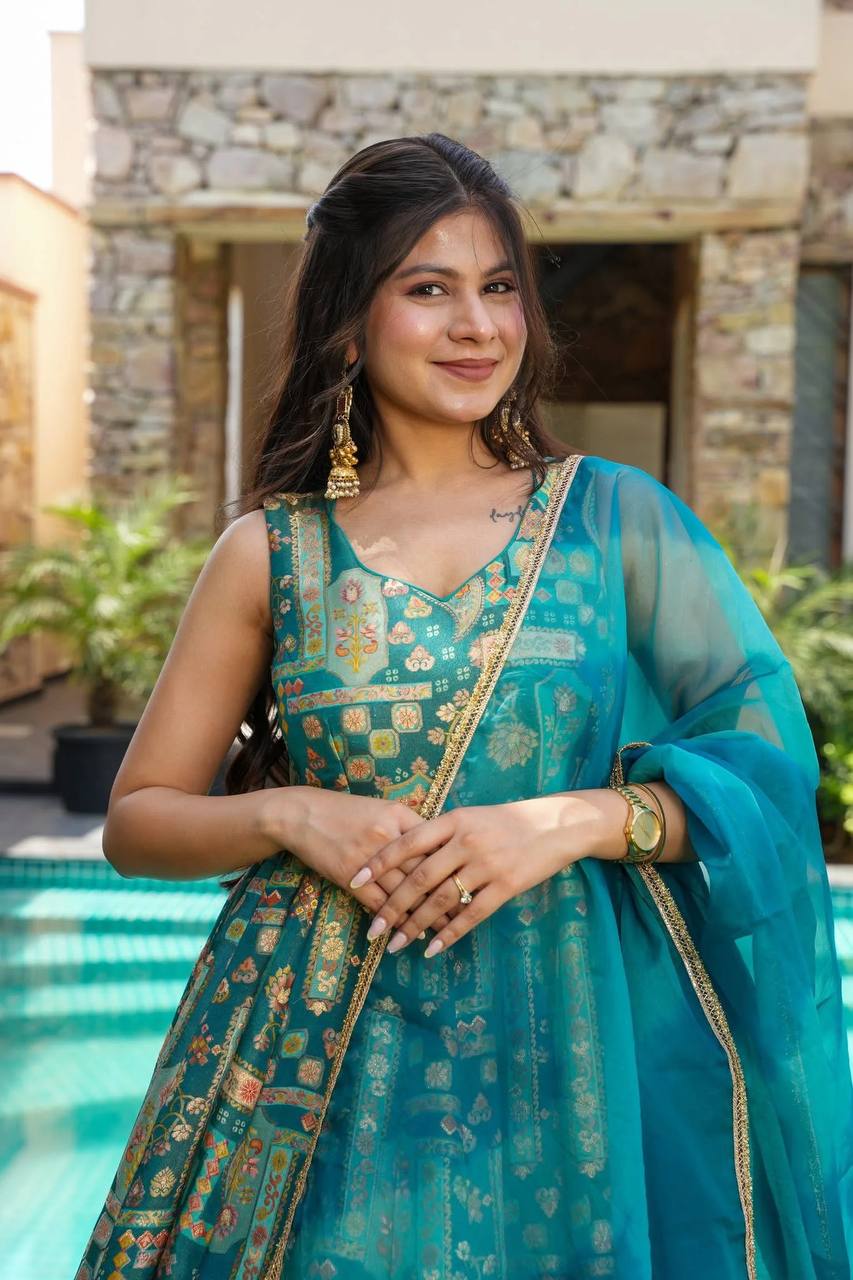 Teal Green Color Printed Exclusive Anarkali Gown