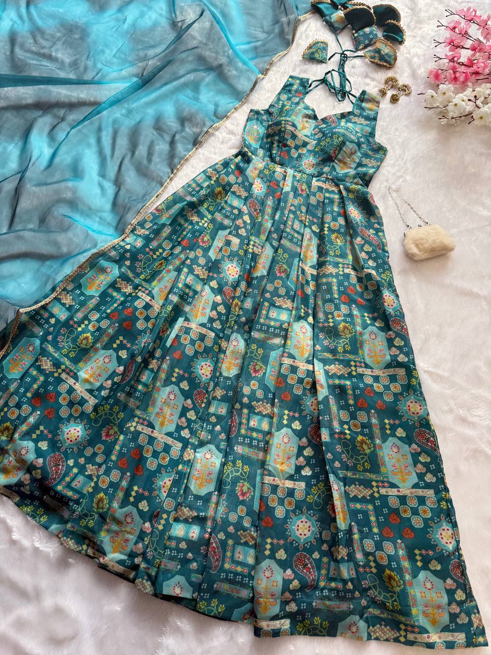 Teal Green Color Printed Exclusive Anarkali Gown