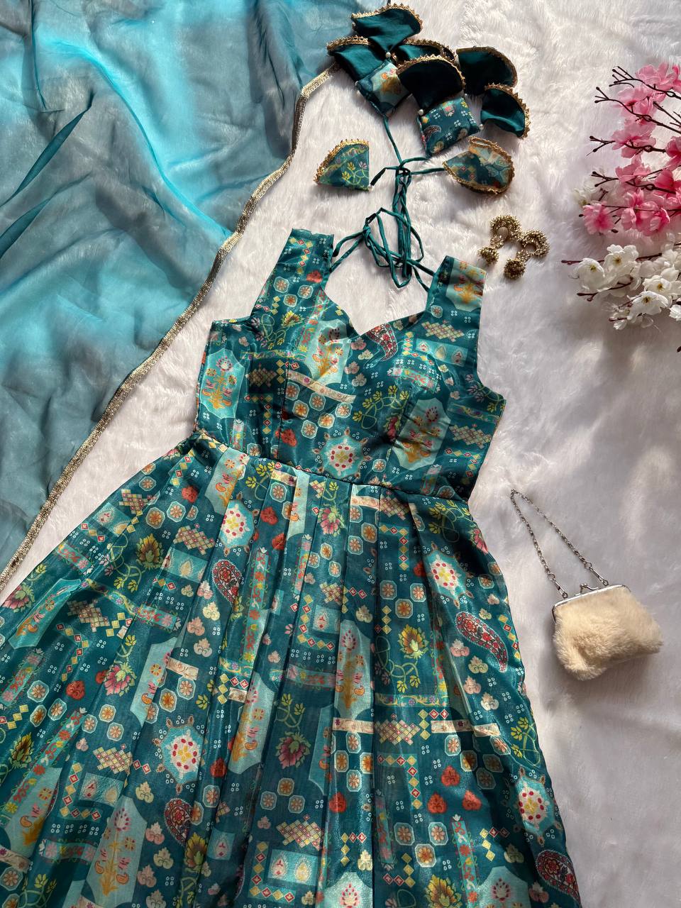 Teal Green Color Printed Exclusive Anarkali Gown