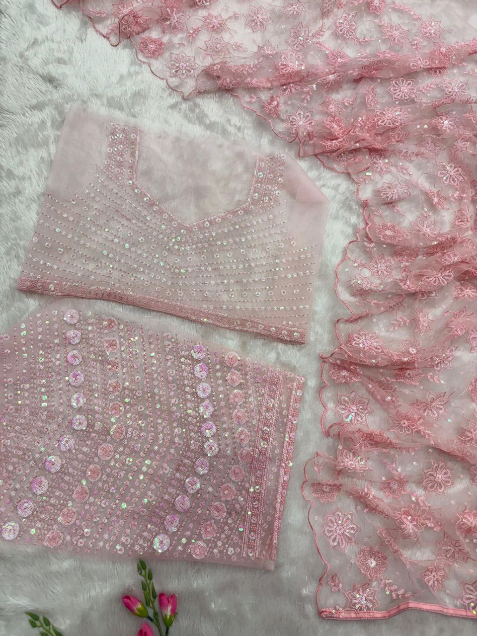 Pink Color Heavy Work Net Saree