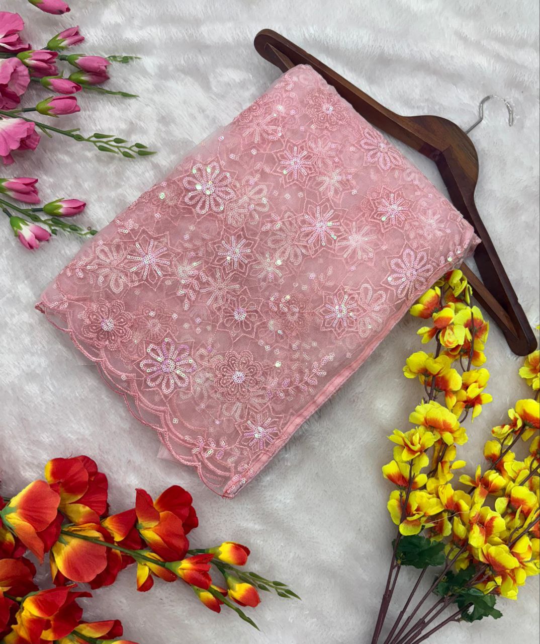 Pink Color Heavy Work Net Saree