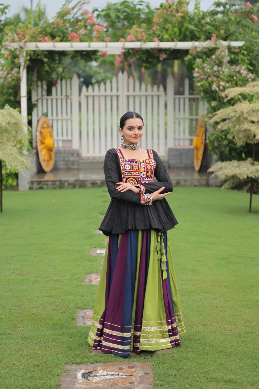 Navratri Special Attractive Wine & Green Color Top With Lehenga