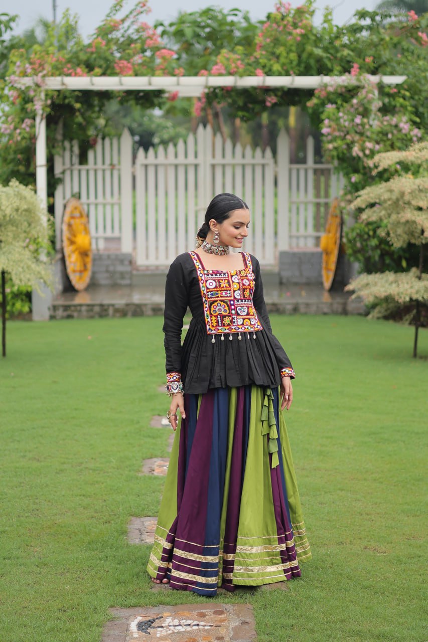 Navratri Special Attractive Wine & Green Color Top With Lehenga