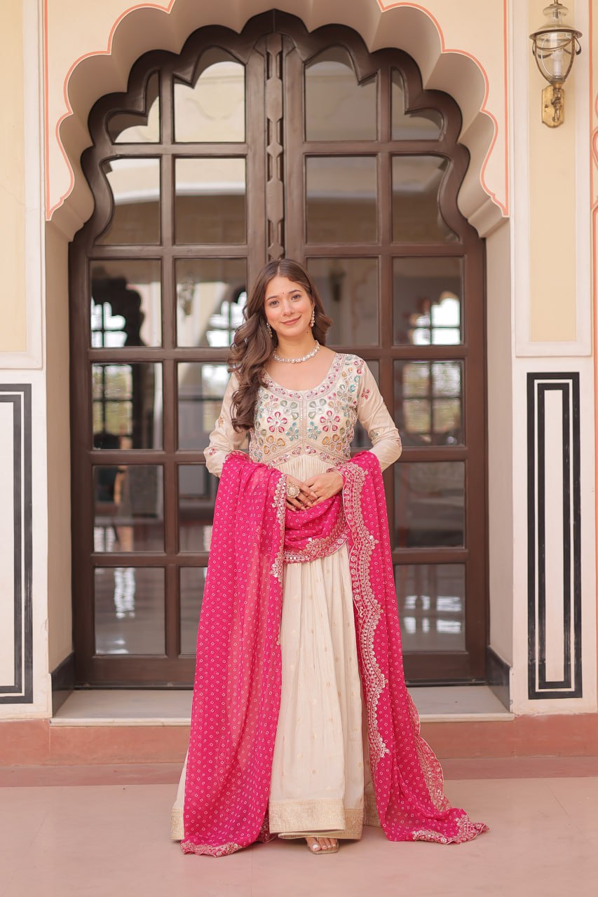 Pearl Beads Work Cream Color Gown With Pink Dupatta