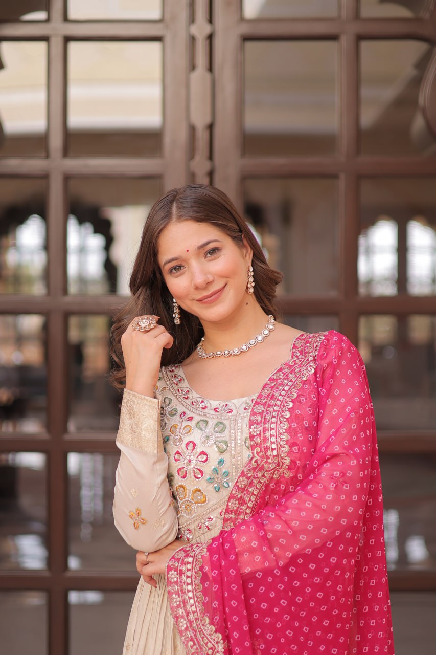 Pearl Beads Work Cream Color Gown With Pink Dupatta
