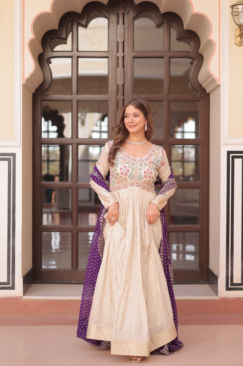 Pearl Beads Work Cream Color Gown With Purple Dupatta