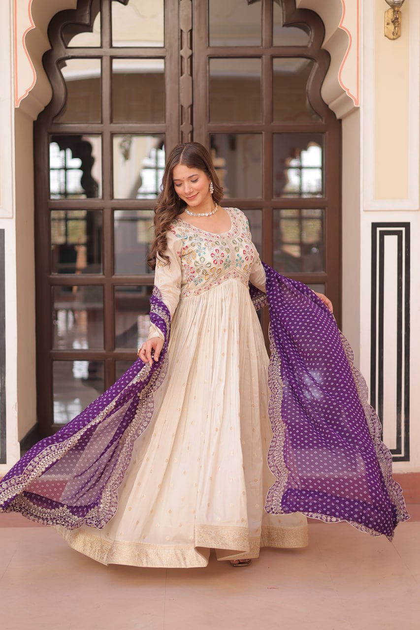 Pearl Beads Work Cream Color Gown With Purple Dupatta