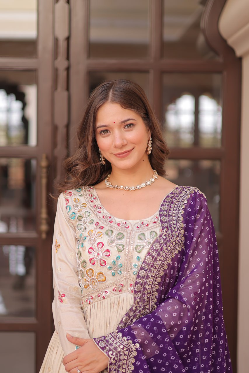 Pearl Beads Work Cream Color Gown With Purple Dupatta