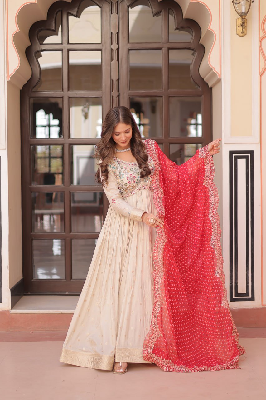 Pearl Beads Work Cream Color Gown With Red Dupatta
