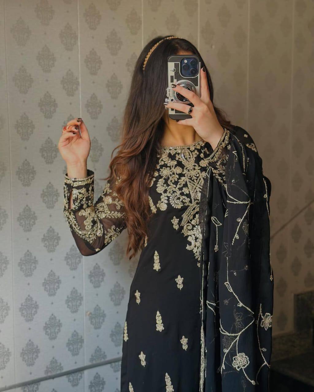 Black Color Chinon Silk Embroidery Work Salwar Suit